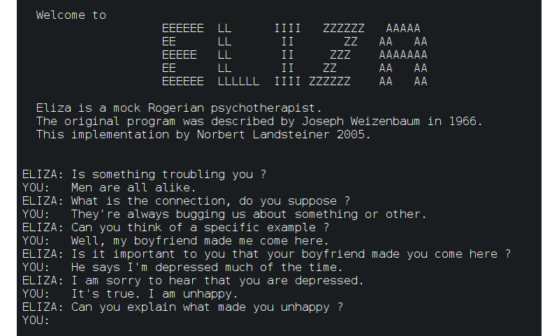 A conversation with the first chatbot, ELIZA, invented in 1966